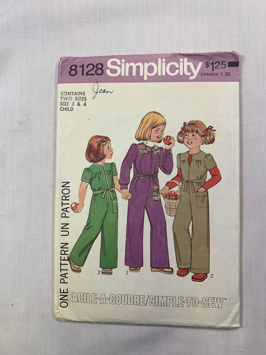 Simplicity 8128 Girls' Jumpsuit, Size 3-4, Cut, Vintage 1977