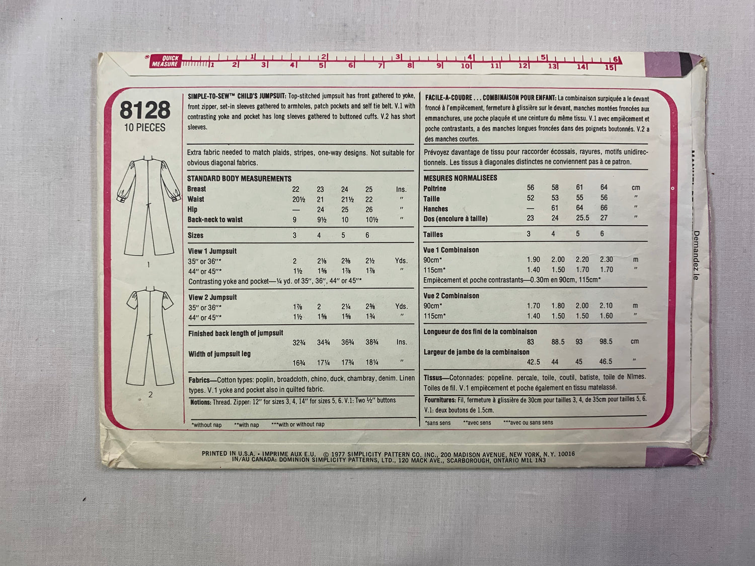 Simplicity 8128 Girls' Jumpsuit, Size 3-4, Cut, Vintage 1977