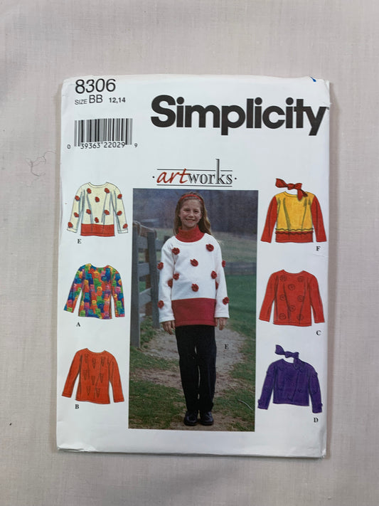 Simplicity Sewing Pattern 8306 Girls' Tops, Scarf, Loose-Fitting, Three Lengths, Pleats, Size 12-14, Uncut, Vintage 1998