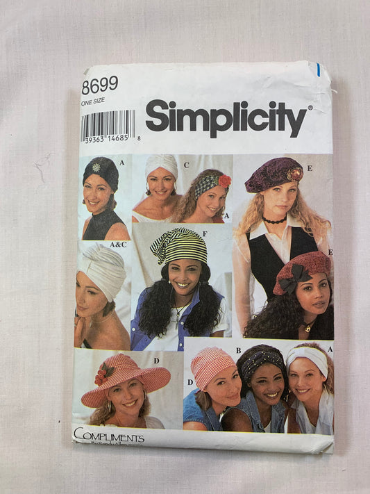 Simplicity 8699 Fashion Accessories, Misses Hats, Turban, Berets, Cap, One Size, Cut