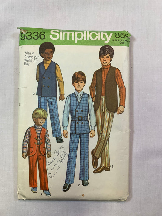 Simplicity Sewing Pattern 9336 Boys' Pants, Shirt, Reversible Vest, Belt, Pocket, Button Front, Size 4, Cut, Vintage 1971