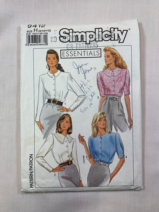 Simplicity 9412 Misses' Blouse, Size 6-10, Cut, Vintage 1989