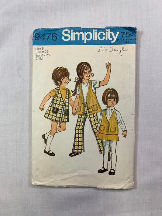 Simplicity 9476 Girls' Jumper, Vest, Bell-Bottom Pants, Skirt, Size 5, Cut, Vintage 1971