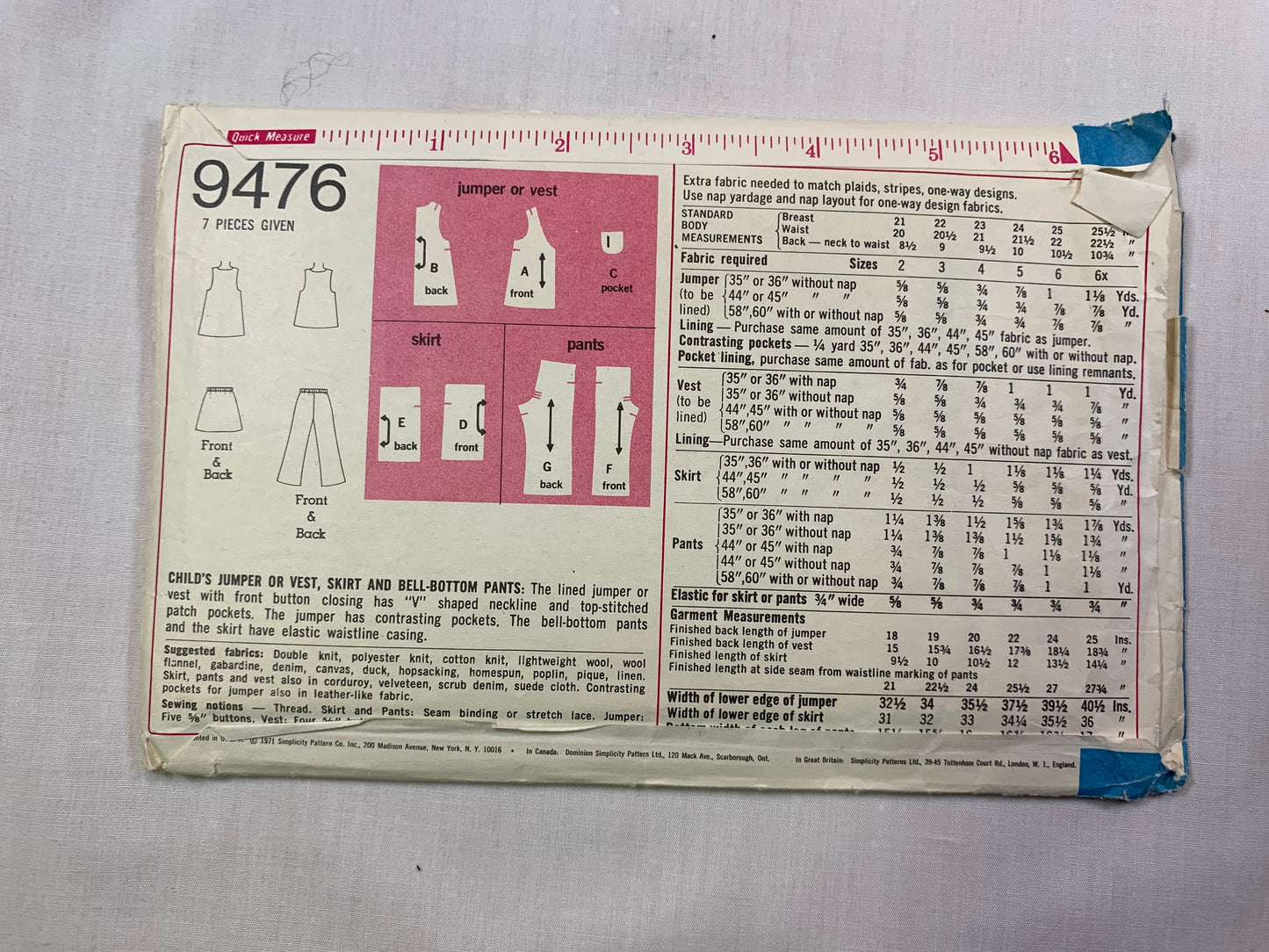 Simplicity 9476 Girls' Jumper, Vest, Bell-Bottom Pants, Skirt, Size 5, Cut, Vintage 1971
