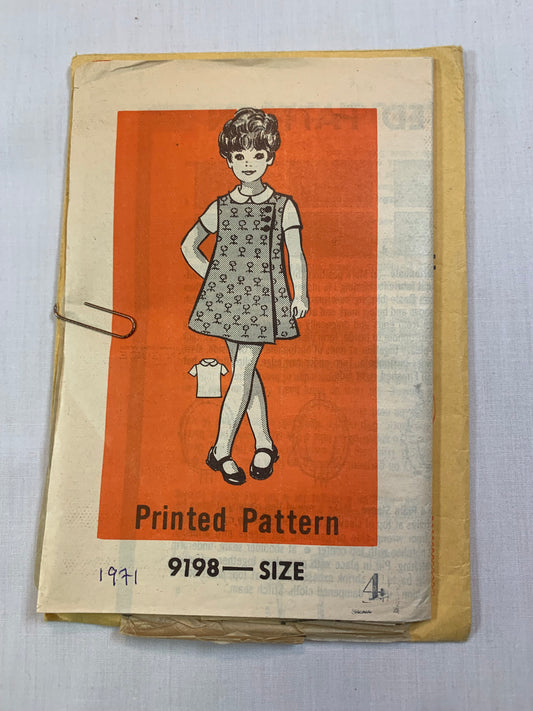 Mail Ordered Sewing Pattern 9198 Girls' Dress, Blouse, Size 4, Cut, Vintage 1971