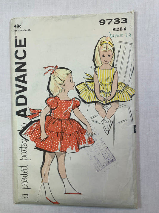 Advance 9733 Girls' Dress, Size 4. Cut, 1950