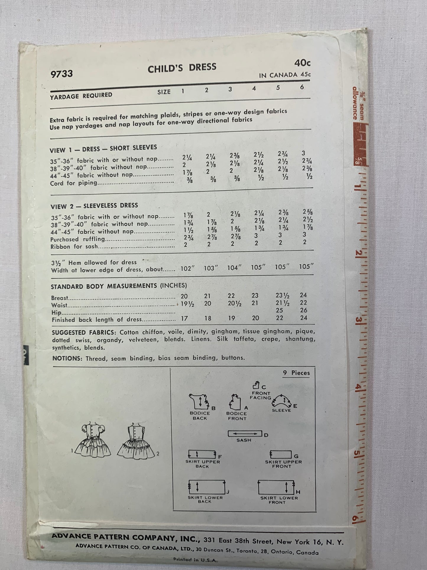 Advance 9733 Girls' Dress, Size 4. Cut, 1950