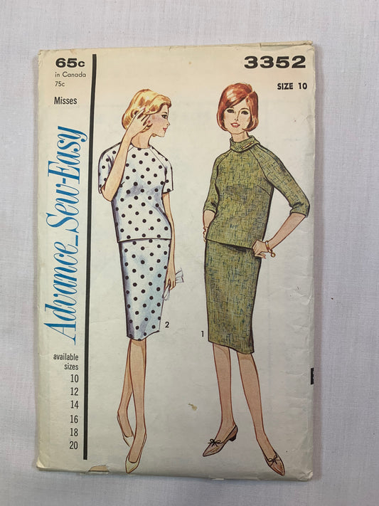 Advance Sew Easy 3352 Misses' Dress, Skirt, Top, Size 10. Cut, 1960