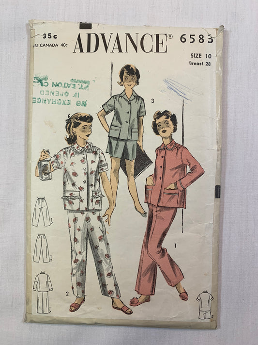 Advance 6583 Girls' Pajamas, Top, Pants, Size 10, Cut, Vintage 1950