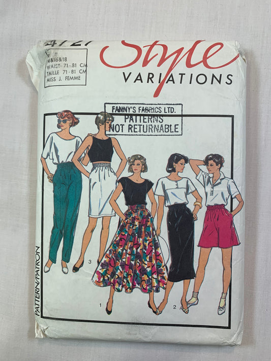 Style Sewing Pattern 4727 Misses' Pants, Skirt, Shorts, Pockets, Elastic Waist, 3 Lengths, Tapered, Size 14-18, Uncut, Vintage 1986