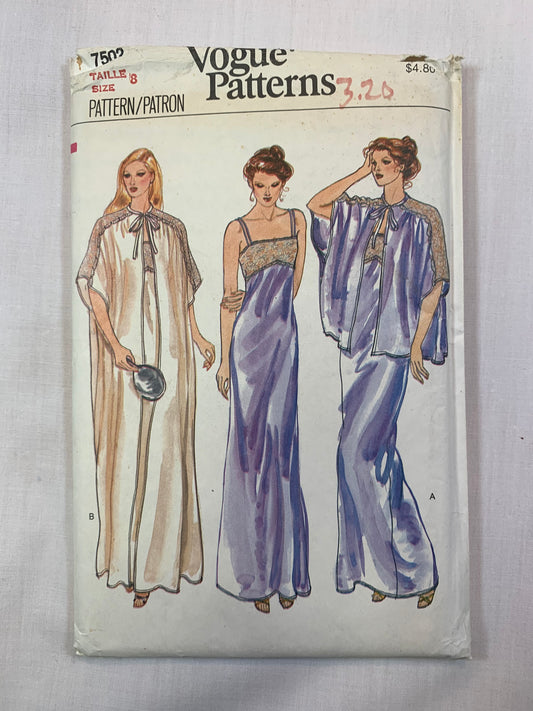Vogue Sewing Pattern 7502 Misses' Robe, Gown, Nightgown, Floor Length, Loose-Fitting, Pullover, Empire Bodice, Size 8, Uncut, Vintage 1980
