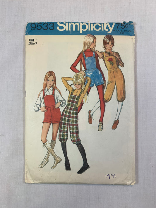 Simplicity 9533 Girls' Knickers, Shorts, Bib, Size 7, Cut, Vintage 1971