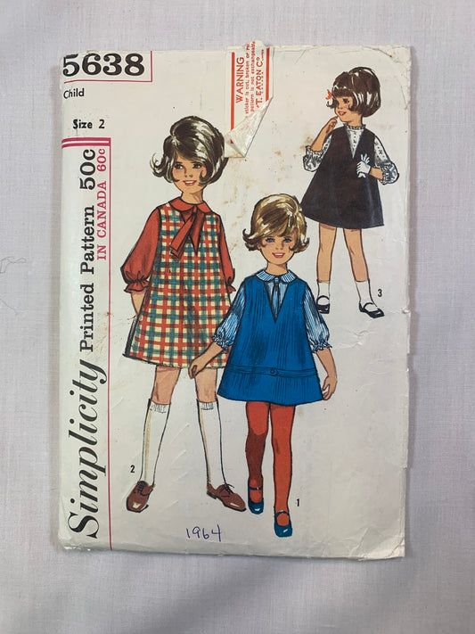 Simplicity 5638 Girls' Blouse, Jumper, Tie, Size 2, Cut, Vintage 1964