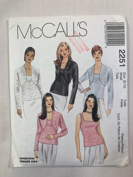 McCall's 2251 Misses' Shrug, Top, Size 8-10, Cut, Vintage 1999
