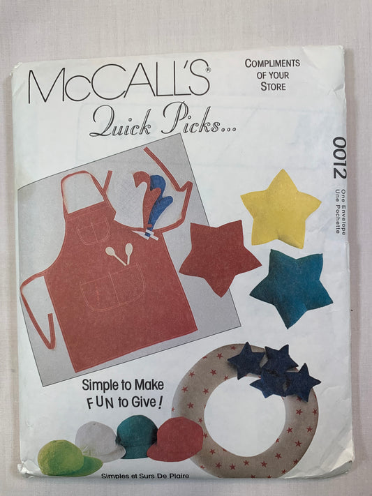 McCall's 0012 Crafts Aprons, Sachets, Dog Bed, Freshener, Cap, Oven Mitt, Tie,, Uncut, Vintage 1993