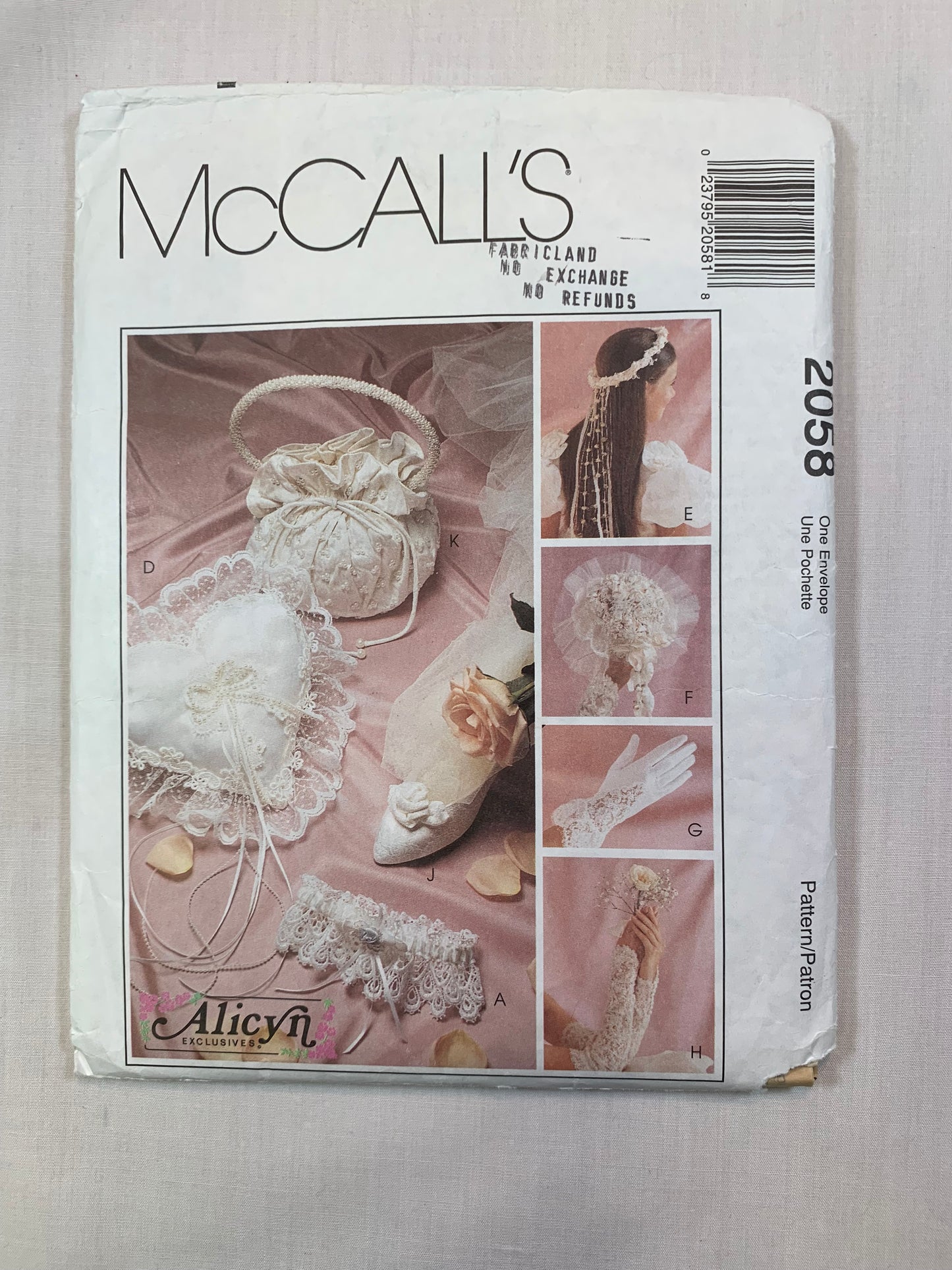 McCall's 2058 Crafts Bridal Accessories, Pillow, Flower Girl, Bouquet, Gloves, Clips, Purse, Gautlet, Shoe Clips, Cut, Vintage 1994
