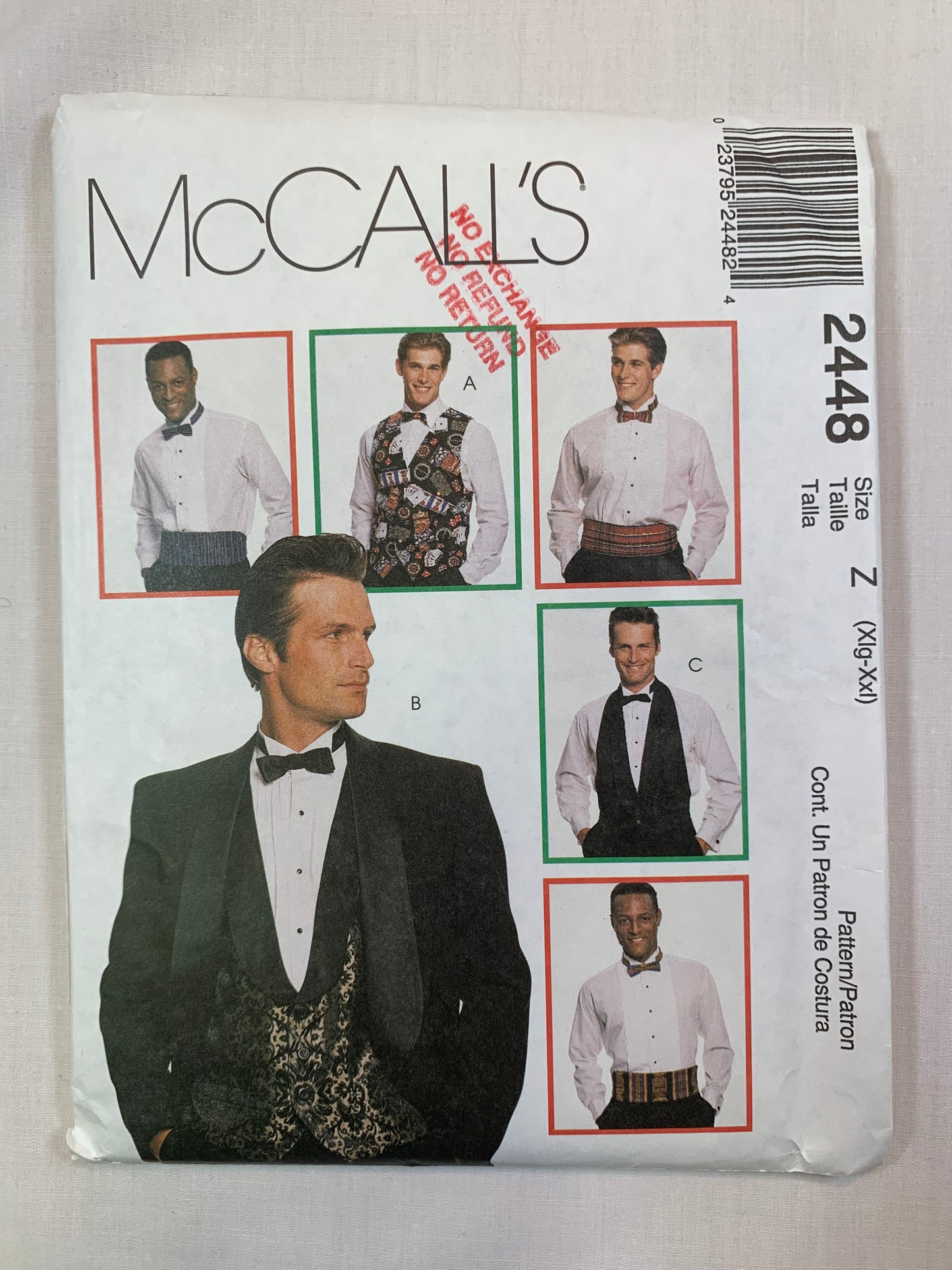 McCall's Sewing Pattern 2448 Men's Vest, Bow Tie, Cummerbund, Button Front, Sleeveless, Back Tie, Darts, Cut, Size XL, Vintage 1999