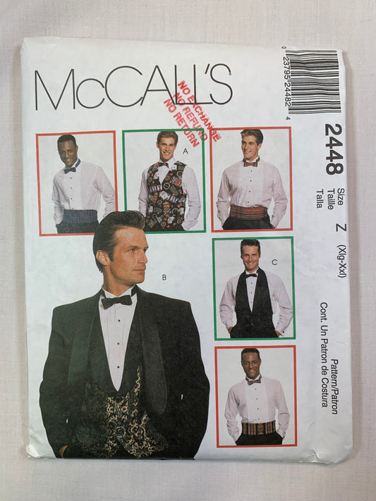 McCall's Sewing Pattern 2448 Men's Vest, Bow Tie, Cummerbund, Button Front, Sleeveless, Back Tie, Darts, Cut, Size XL, Vintage 1999