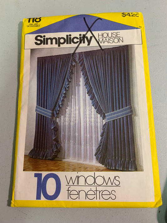 Simplicity 118 Sewing Pattern Home Decor, Window Coverings, Curtains, Swag, Valance, Tiers, Uncut, Vintage 1981
