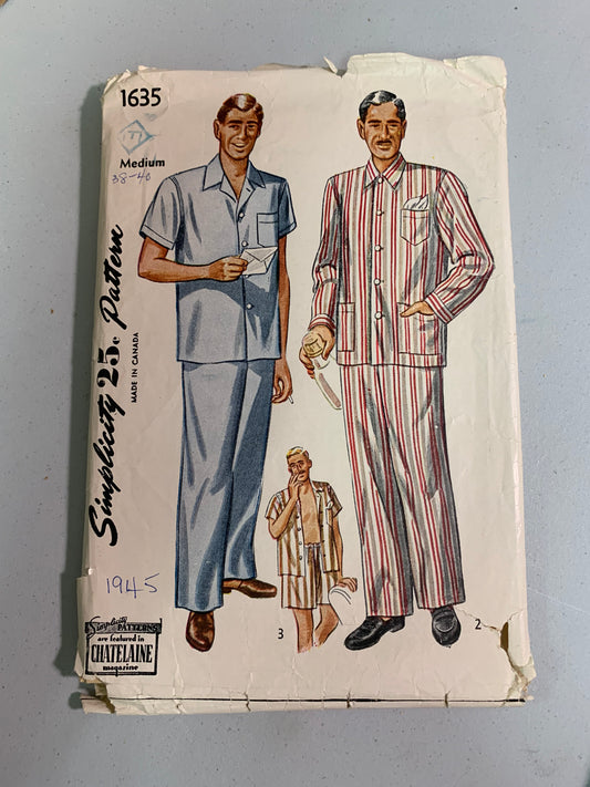 Simplicity Sewing Pattern 1635 Men's Pajamas, Top, Bottoms, Shorts, 3 Variations, Size 38-40, Cut, Vintage 1950