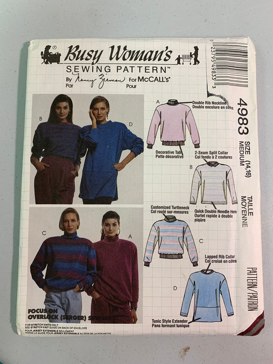 McCall's Busy Woman's Sewing Pattern 4983, Misses Tops, Turtleneck, Double Rib, Lapped Collar, Double Needle Hem, Tunic, Size 14-16, Uncut, Vintage 1990