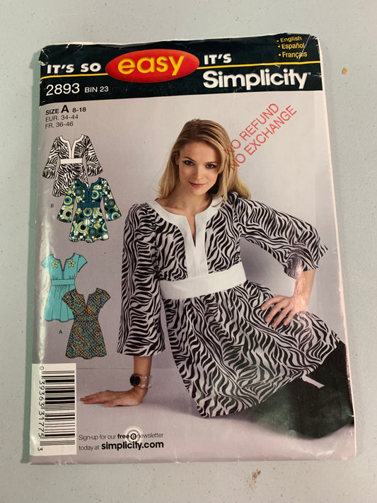 Simplicity Sewing Pattern 2893 Misses' Pullover Tunic, Long Short Sleeves, Gathered Waist, Size 8-18, Uncut, 2008