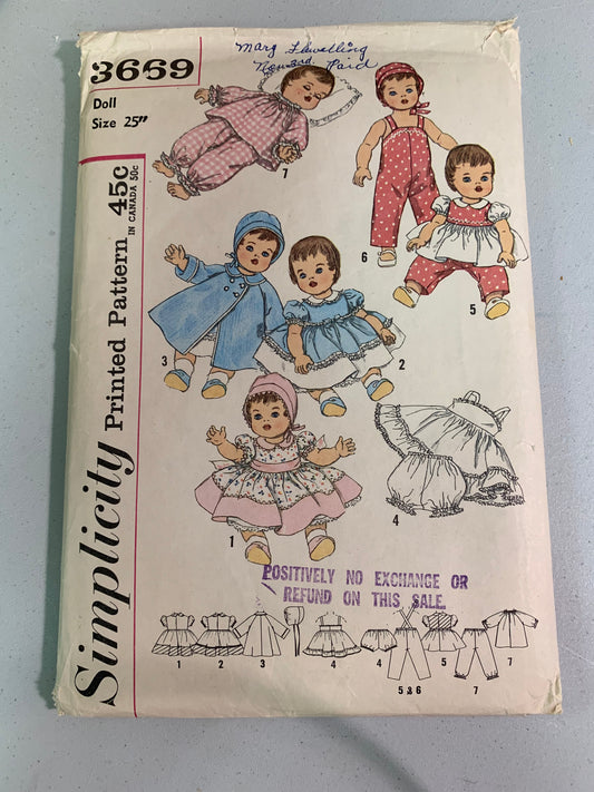 Simplicity Sewing Pattern 3669 Crafts 25" Doll Clothes, Betsy Wetsy, Tiny Tears, Barbara Jo Baby Doll, Wardrobe, Cut, Vintage 1950