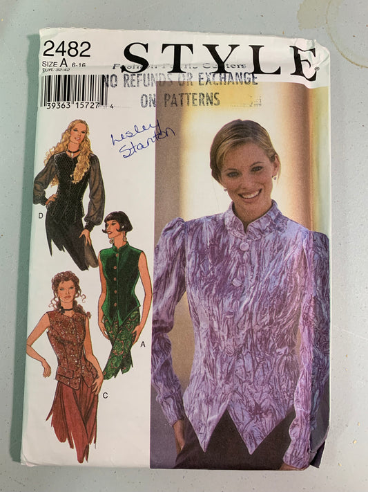 Style Sewing Pattern 2482 Misses' Evening Tops, Vests, Fitted, Button Front, Long Sleeves, Sleeveless, Size 6-16, Uncut, Vintage 1994