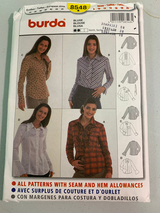 Burda Sewing Pattern 8548 Misses' Tops, Shirt, Button Front, Collar, 4 Variations, Fitted, Long Sleeves, Darts, Size 8-12, Cut, 2000