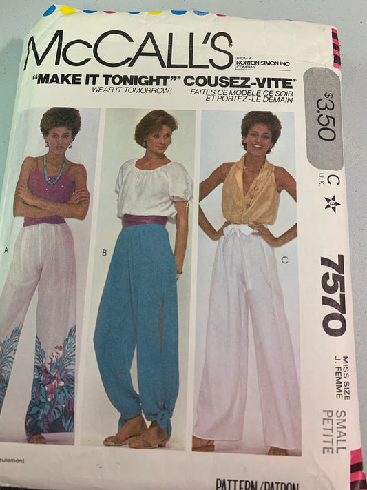 McCall's Sewing Pattern 7570 Misses' Pants, Elastic Waist, Tie at Ankles, Gathered, Loose-Fitting, Side Slits, Size 10-12, Cut, Vintage 1981