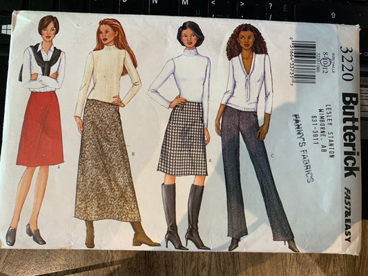 Butterick Sewing Pattern 3220 Misses'/Miss Petite Skirt, Pants, A-Line, Two Lengths, Boot-Legged, Contoured Waist, Zipper, Darts, Size 8-10, Cut, 2001