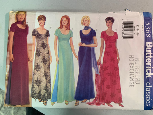 Butterick Sewing Pattern 5368 Misses'/Misses' Petite Dress, Scarf, Lined, Floor Length, Zipper Back, Size 12-16, Cut, Vintage 1998