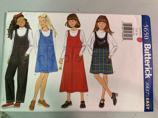 Butterick Sewing Pattern 5650 Girls' Jumper, Jumpsuit, Top, Pockets, Two Lengths, Shoulder Straps, Size 7-10, Uncut, Vintage 1998