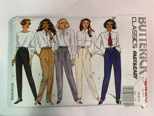 Butterick Sewing Pattern 6420 Misses'/Miss Petite Pants, Close-Fitting, Elastic Waist, Pockets, Pull-On, Size 18-22, Cut, Vintage 1992