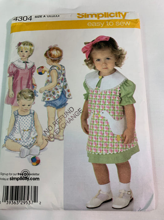 Simplicity Sewing Pattern 4304 Toddlers' Dress, Reversible Pinafore, Top, Panties, Short Sleeves, Size 1/2-4, Uncut, 2006