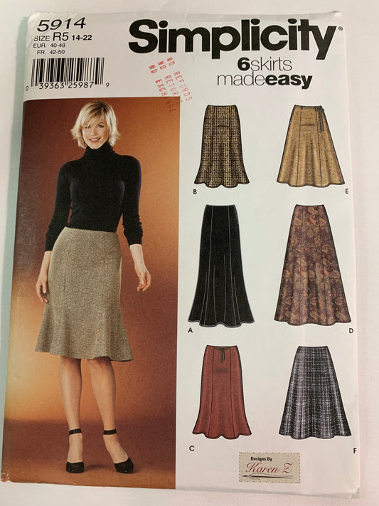 Simplicity Sewing Pattern 5914 Misses' Skirt, Zipper Back, Two Lengths, 6 Variations, Size 14-16, Cut, 2002