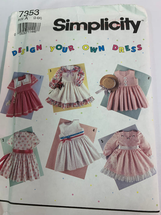 Simplicity Sewing Pattern 7353 Toddlers'/Child's Dress, Long/Short Sleeves, Sleeveless, Button Back, Flared Skirt, Uncut, Vintage 1991