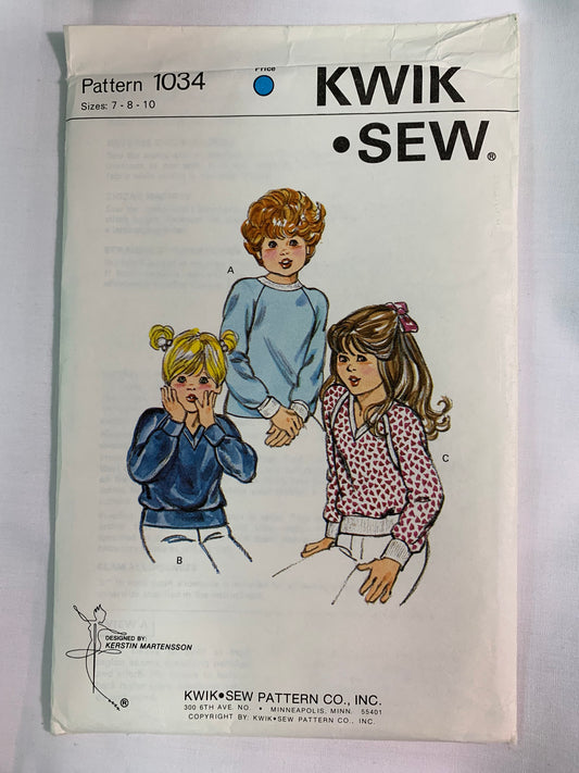 KWIK Sewing Pattern 1034 Girls' Pullover Top, Long Raglan Sleeves, Neckline Variations, Size 7-10, Uncut, Vintage 1999