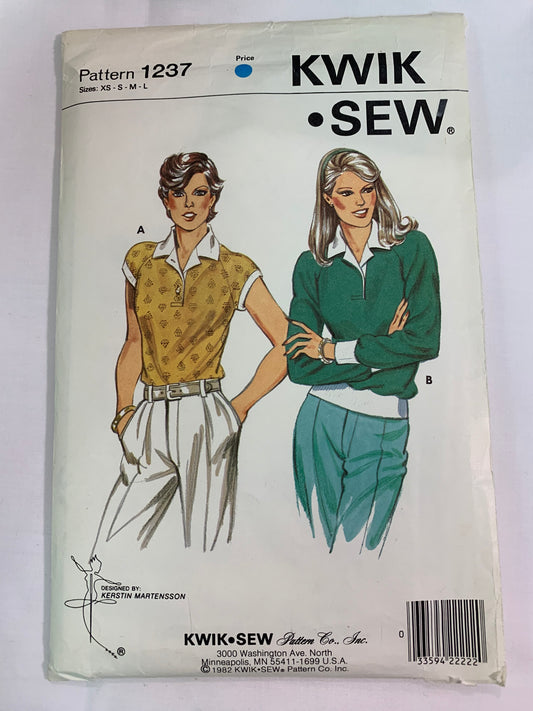 KWIK Sewing Pattern 1237 Misses' Tops, Pullover, Long/Short Raglan Sleeves, Collar, Cuffs, Size 31-41, Uncut, Vintage 1999