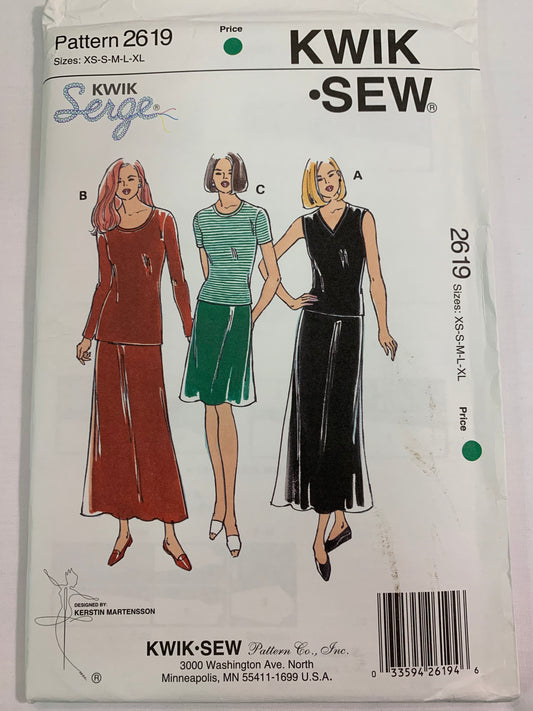KWIK Sewing Pattern 2619 Misses' Skirts, Tops, A-Line, Close-Fitting, Long/Short Sleeves, Size 8-10, Cut, Vintage 1994
