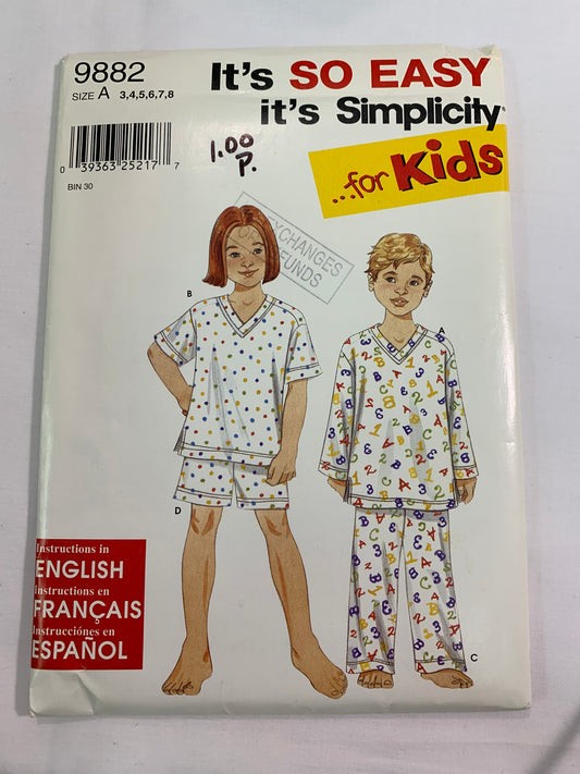 Simplicity Sewing Pattern 9882 Boys'/Girls' Pajamas, Loungewear, Tops, Pants, Shorts, Size 3-8, Uncut, 2001
