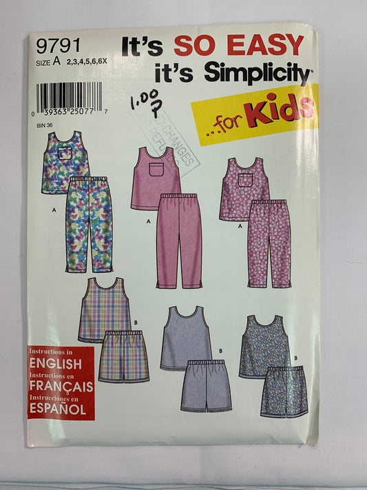 Simplicity Sewing Pattern 9791 Girls' Tops, Pants, Shorts, Pullover, Pocket, Elastic Waist, Pull-On, Size 2-6x, Uncut, 2001