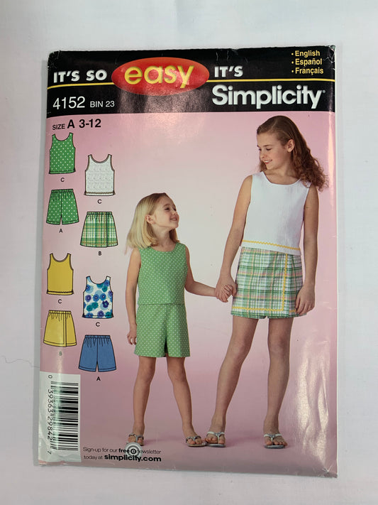 Simplicity Sewing Pattern 4152 Girls' Top, Shorts, 3 Variations, Pull-On, Shoulder Straps, Elastic Waist, Sleeveless, Wrap Front, Size 3-12, Uncut, 2006