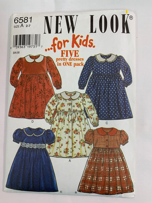 Simplicity New Look Sewing Pattern 6581 Girls' Dresses, Long/Short Sleeves, Zipper, Round Neck, Gathered Flared Skirt, Size 2-7, Uncut, Vintage 1999