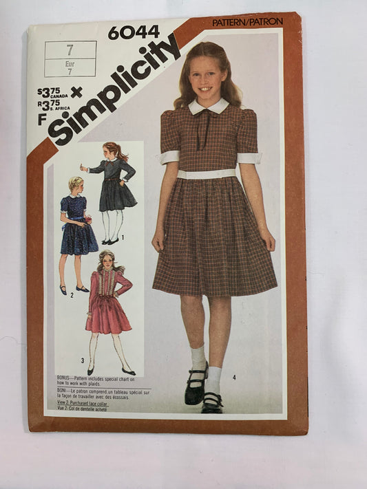 Simplicity Sewing Pattern 6044, Girls' Dress, Button Back, Long/Short Sleeves, Gathered Waist, Full Skirt, 4 Variations, Size 7, Uncut, Vintage 1983