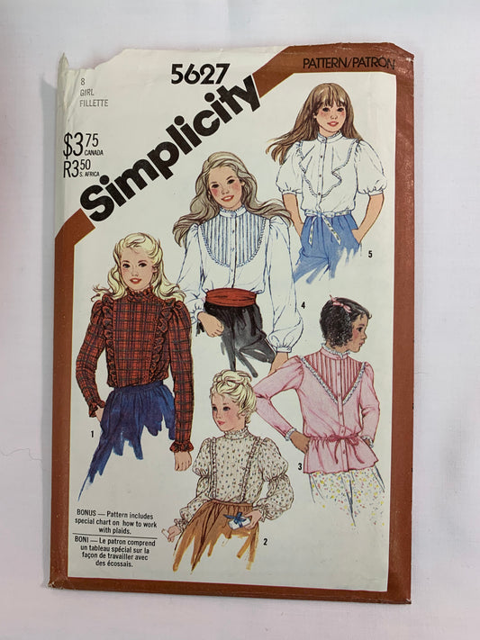 Simplicity Sewing Pattern 5627 Girls' Blouses, 5 Variations, Long Sleeves, Ruffles, Button Front, Elbow Sleeves, Size 8, Uncut, Vintage 1982