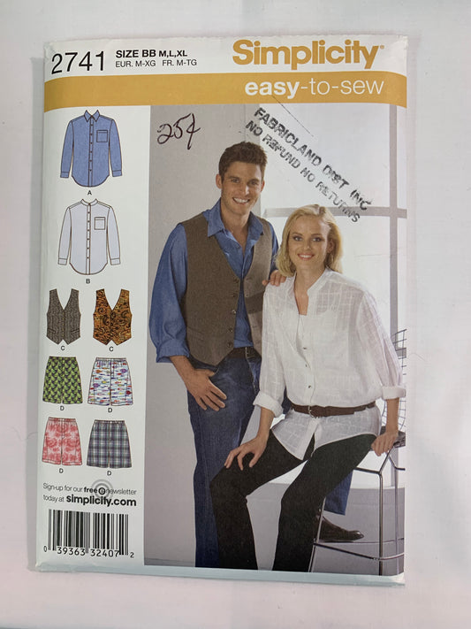 Simplicity Sewing Pattern 2741 Misses'/Men's/Teens' Shirt, Vest, Boxer Shorts, Pull-On, Elastic Waist, Sleeveless, Long Sleeves, Pockets, Size 38-48, Uncut, 2008
