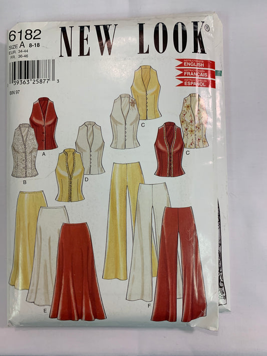 Simplicity New Look Sewing Pattern 6182 Misses' Top, Pants, Ankle Length Skirt, Tie Back, Sleeveless, Darts, Zipper Back, Button Front, Size 8-18, Uncut, Vintage 1999