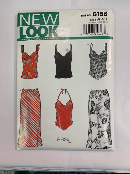 Simplicity New Look Sewing Pattern 6153 Misses' Tops, Skirts, Elastic Waist, Shoulder Straps, Sleeveless, Camisole, Size 6-16, Uncut, 2002
