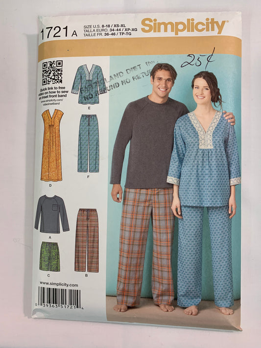 Simplicity Sewing Pattern 1721 Misses'/Men's Pants, Shorts, Knit Top, Dress or Tunic, Pullover, Drawstring Waist, Pocket, Size 8-18, Uncut, 2012